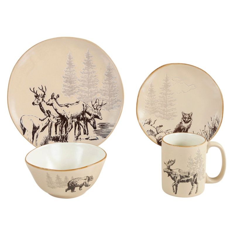 Geordan Brown Ceramic Rustic Lodge Pine Tree Bear Deer Moose Fox Print 16 Piece Dinnerware Set