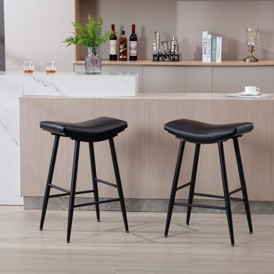 George Oliver Counter Height Bar StoolSet Of 2 Upholstered / Leather / Metal / Faux leather in Black, Size 27.95 H x 18.7 W x 14.37 D in | Wayfair