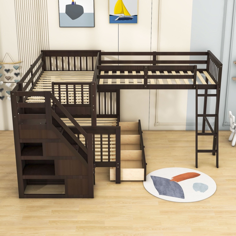 Gianpiera Twin Over Full & Twin 3 Drawers L-Shaped Bunk Bed With Shelves by Harriet Bee