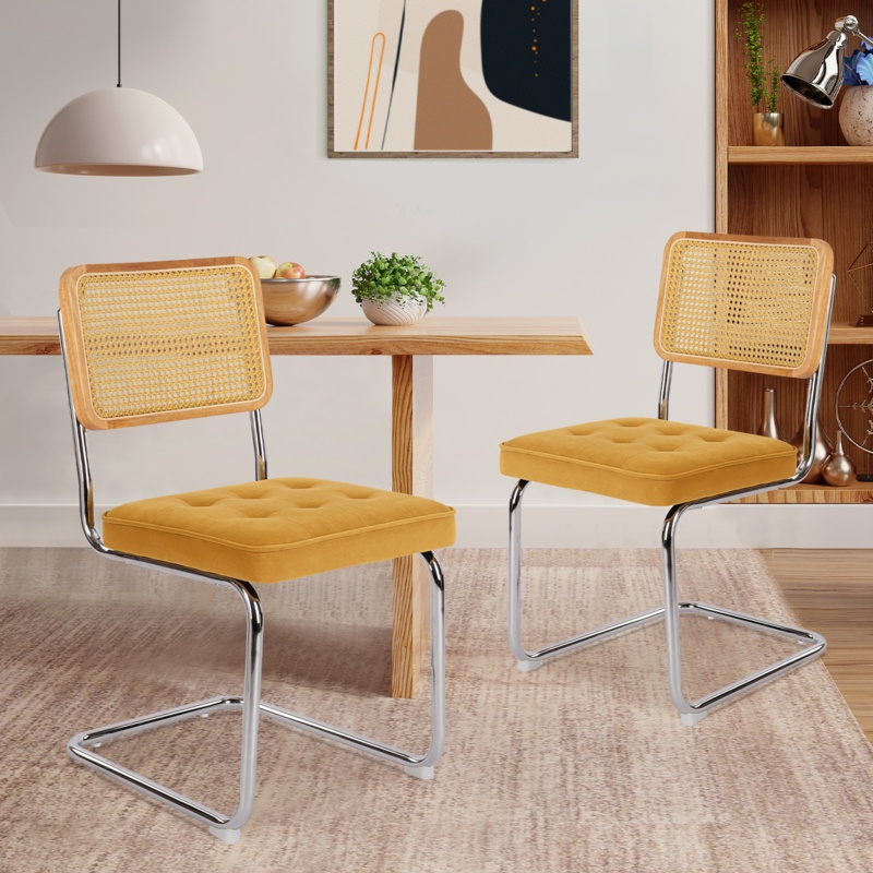 Gravett Rattan Back Velvet/PU Leather Upholstered Tufted Seat Dining Side Chairs with Metal Legs