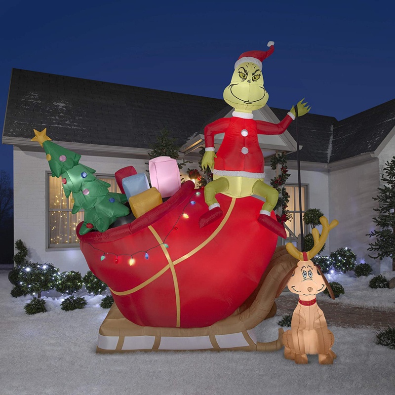Grinch on Sleigh with Max Inflatable