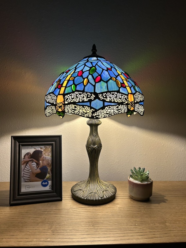 Hafiz TiffanyTable Lamp Blue Stained Glass Dragonfly Zinc Alloy Base 19"H*12"W
