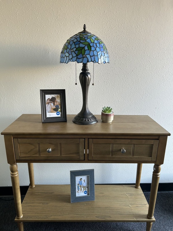 Hallmar Tiffany Table Lamp Blue Stained Glass Green Leaves Included LED Bulbs 22" H*12"W