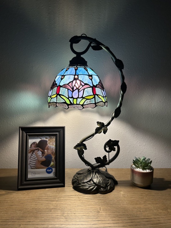 Hanif Tiffany Table Lamp Tulips Blue Purple Stained Glass Iron Metal Leaves H21"