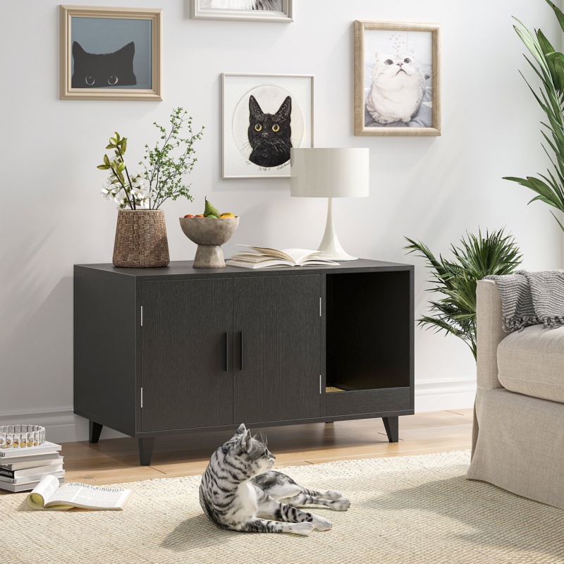 Hidden Cat Litter Box Enclosure With Scratching Mat