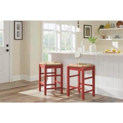 Home Decorators Collection Dorsey Mason Red Backless Wood Counter Stool with Woven Rush Seat