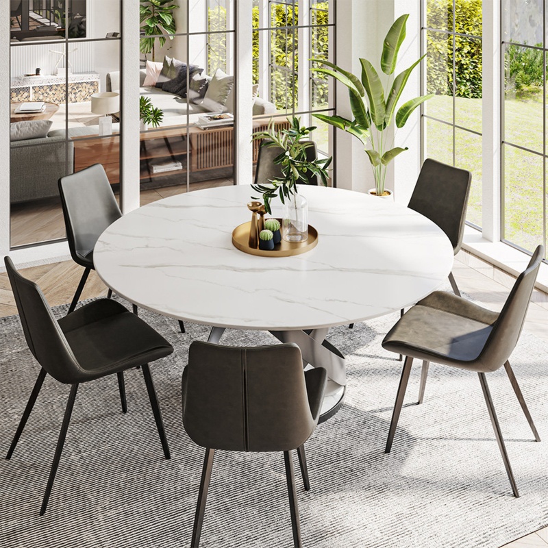Huriel Round Marble,Modern Round White Dining Table with Black X Carbon Steel Base