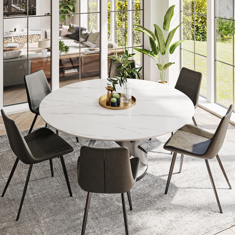 Huriel Round Marble,Modern Round White Dining Table with Black X Carbon Steel Base