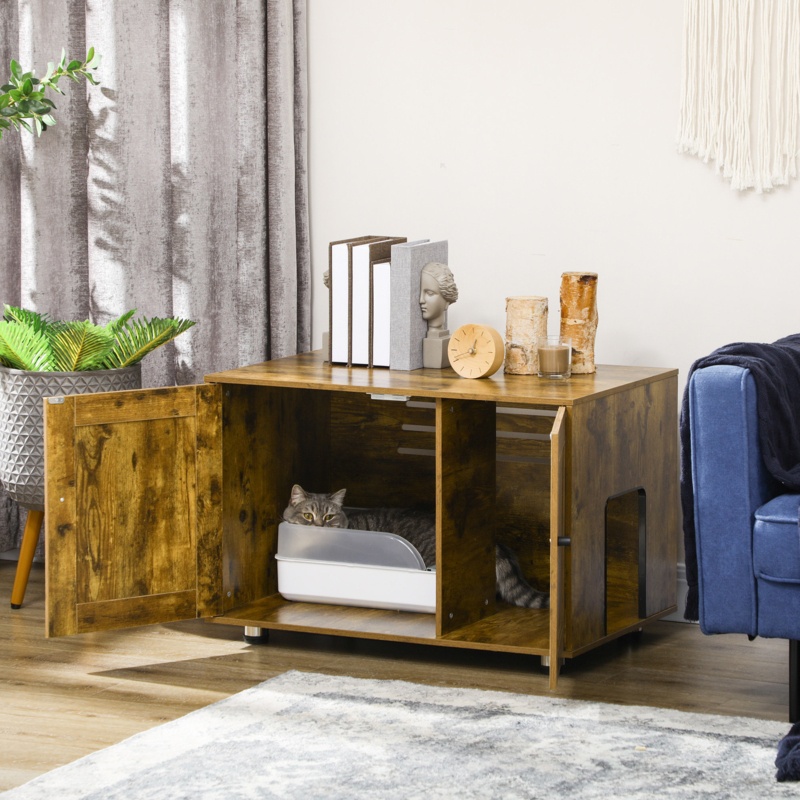 Industrial Cat Litter Box Enclosure With Double Doors, Divider, Cat Washroom Furniture, End Table For Indoor, Living Room, Bedroom, Rustic Brown