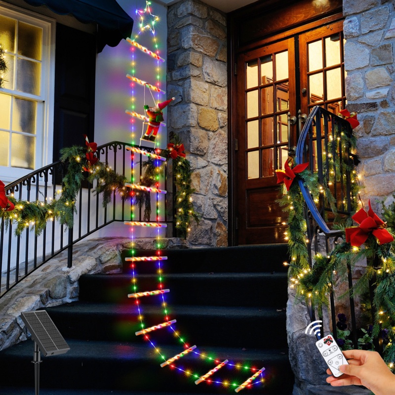 Jasmond 9.84 ft. Tall Solar Christmas Decoration Ladder Lights with Santa Claus Lighted Display