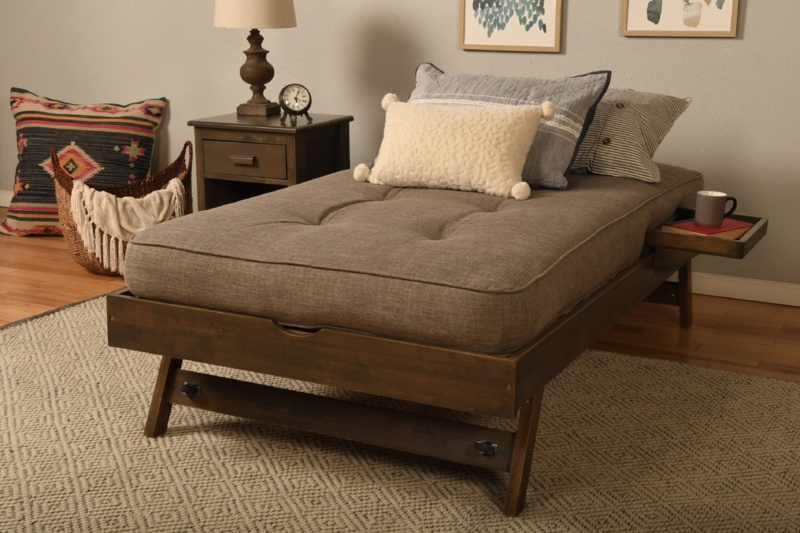 Javarius Wood Pop Up Trundle Bed In Walnut Brown Finish With Tray