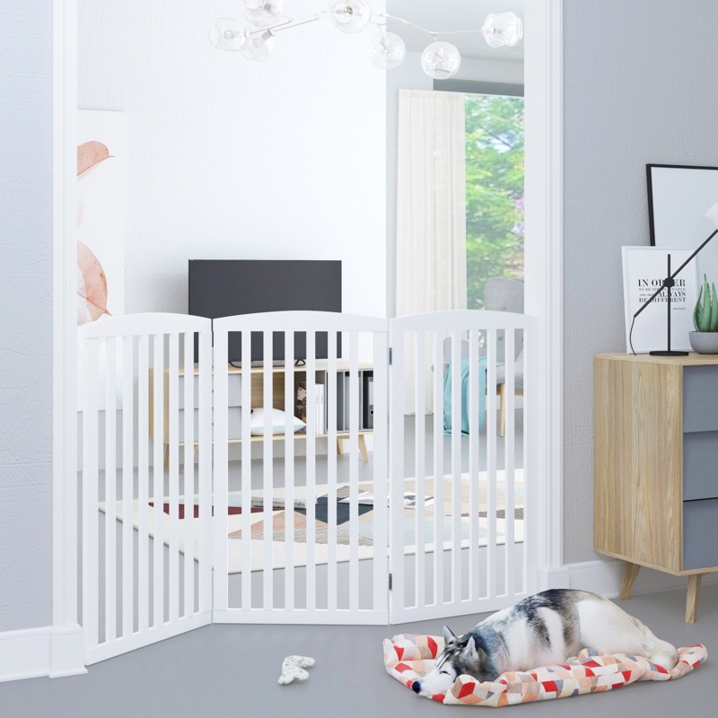 Jenner 3 Panel 36 Inch Freestanding Foldable Pet Gate,wooden Free Standing Pet Gate For Dogs