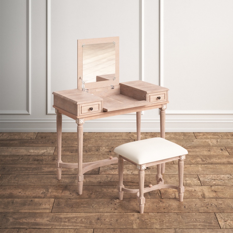 June Natural Two Drawer Flip Top Vanity Set with Stool