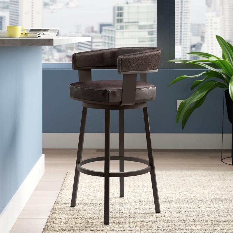 Kellum Swivel Counter and Bar Height Barstool with Arms in Faux Leather Upholstery and Metal Legs
