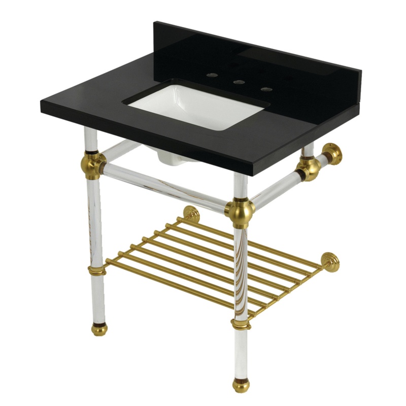 Kingston Brass KVPK3030KASQB1 Templeton 30" Console Sink With Acrylic Legs (8-Inch, 3 Hole), Black Granite