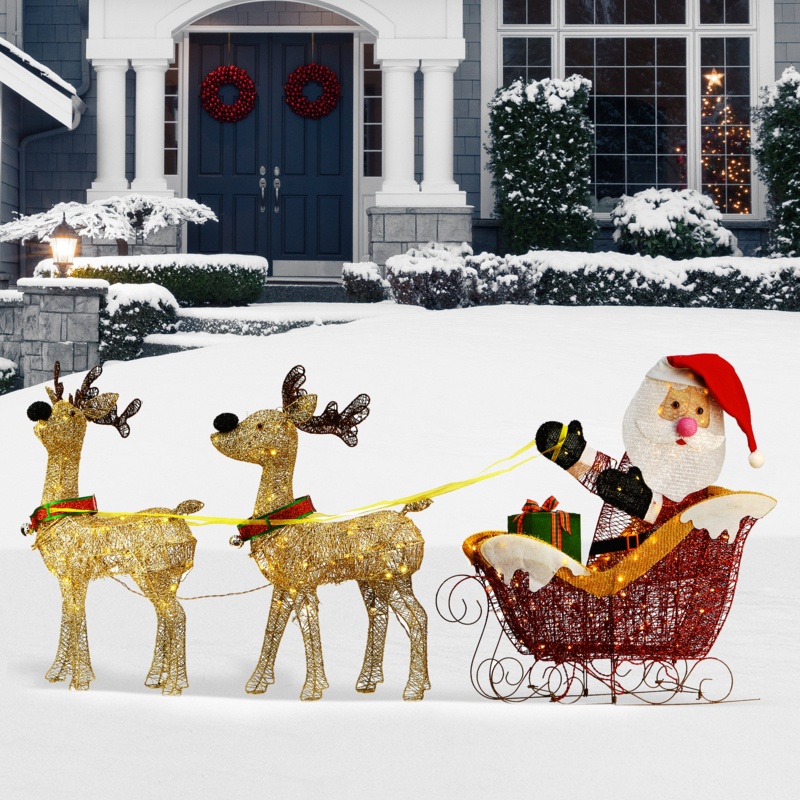 Kingswood Fir Santa with 2 Deer Sleigh Christmas Decoration Lighted Display