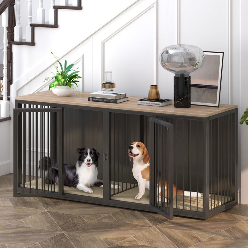 Large Dog Crate Furniture For 2 Dogs, All Steel Frame Dog Crate With Double Doors, Heavy Sturdy Dog Kennel For Small Medium Large Dog, Indoor Double Dog Cage With Wooden Top(black)
