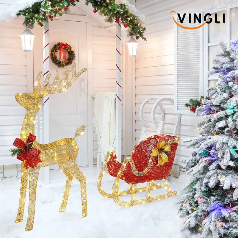 Large Luminous Reindeer And Sleigh Outdoor Christmas Decorations