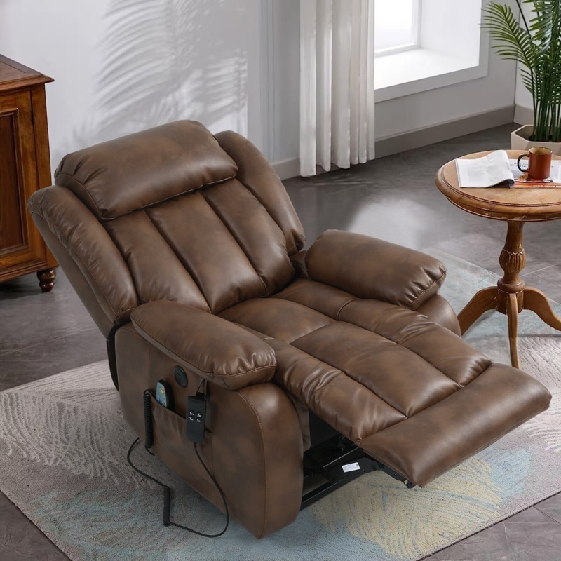 Large Real Leather Lift Recliner Chair With Dual Okin Motor, Oversized Wide Recliners For Living Room, Power Recliners With Electric Massage And Heated, Usb