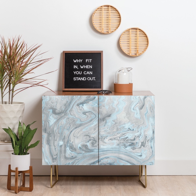 Lisa Argyropoulos Ice Blue and Gray Marble 2 Door Credenza Cabinet