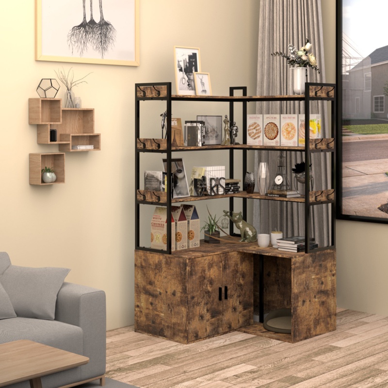 Litter Box Enclosure with Shelves and Doors, Industrial Corner Cat Cabinet &12 Hooks, 3-Shelf Bookshelf