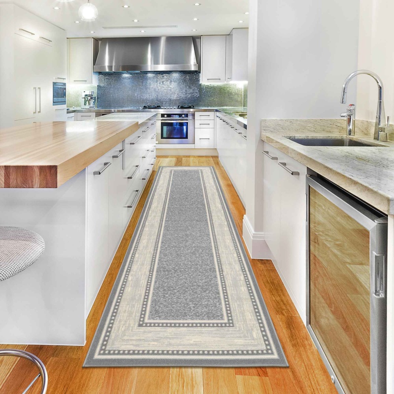 Machine Washable Non-Slip Bordered Gray Area Rug For Living Room, Hallway, Entryway Rug