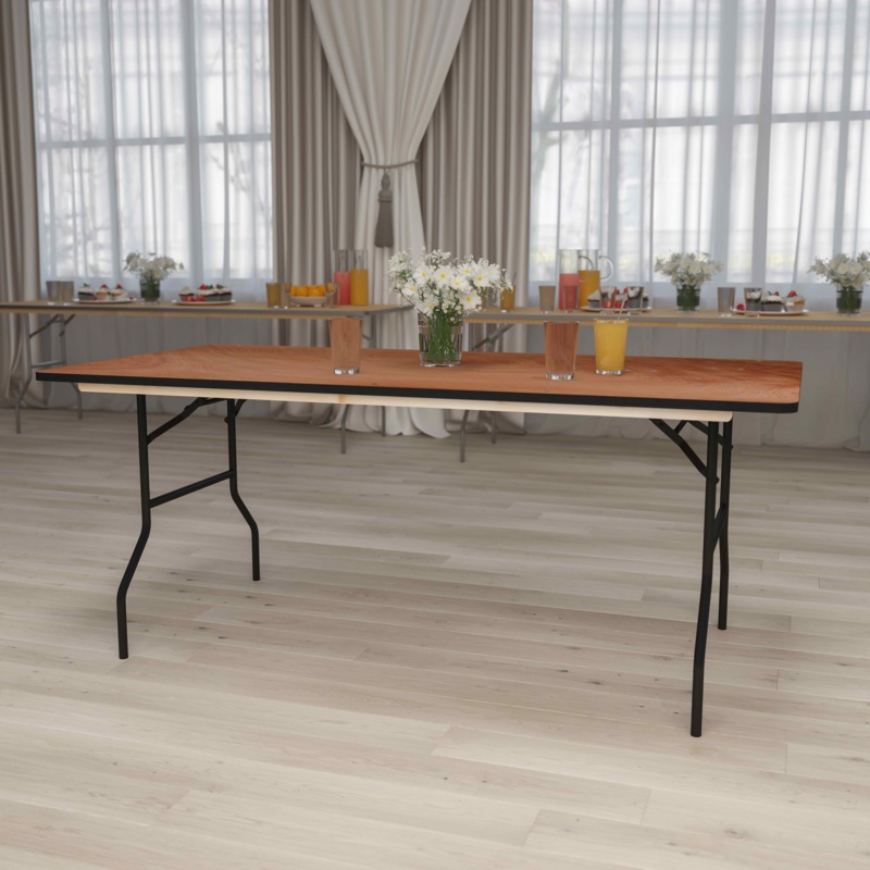 Marcott 36" x 72" Rectangular Wood Folding Banquet Table w/ Clear Coated Finished Top