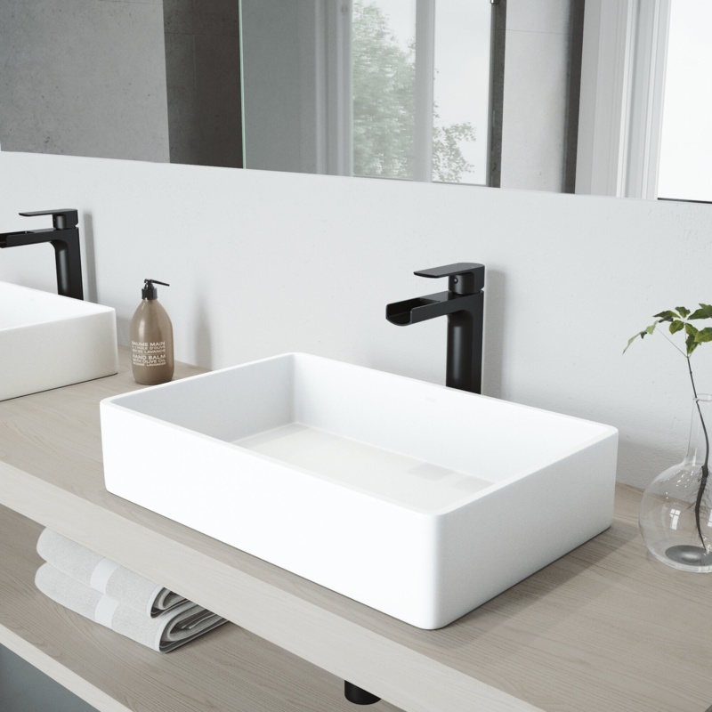 Matte Stone™ White Rectangular Vessel Bathroom Sink with Faucet