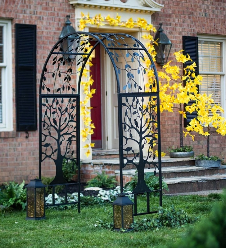 Metal Arched Garden Arbor with Tree of Life Design
