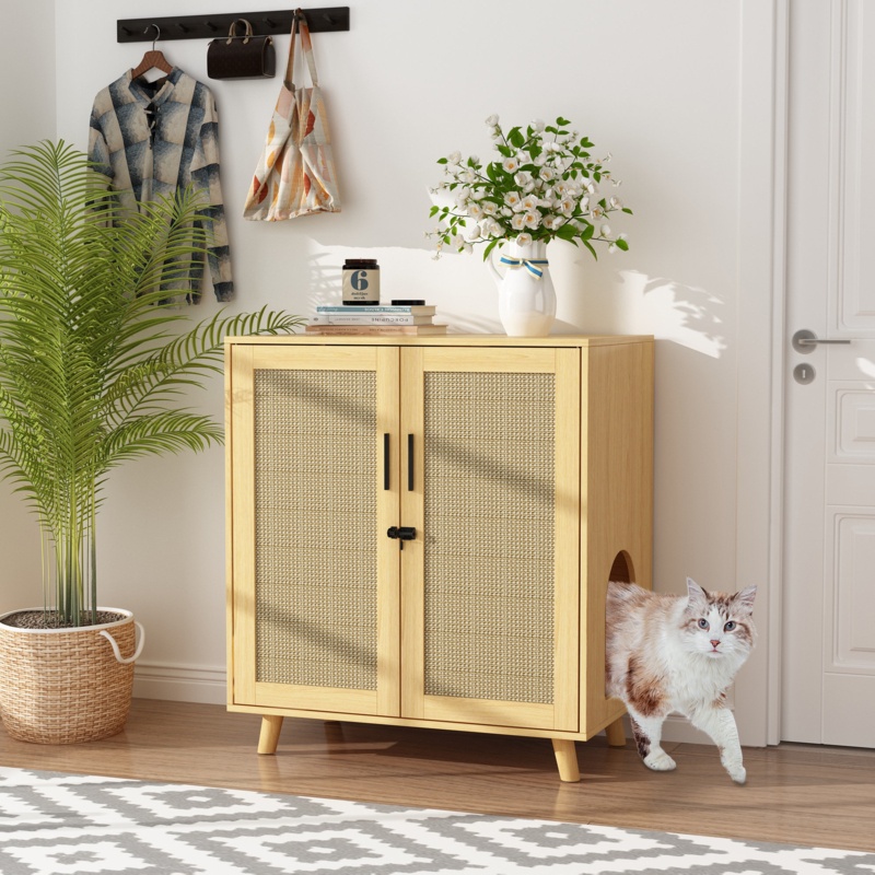Modern Cat Litter Box Enclosure With Lock And Sisal Door