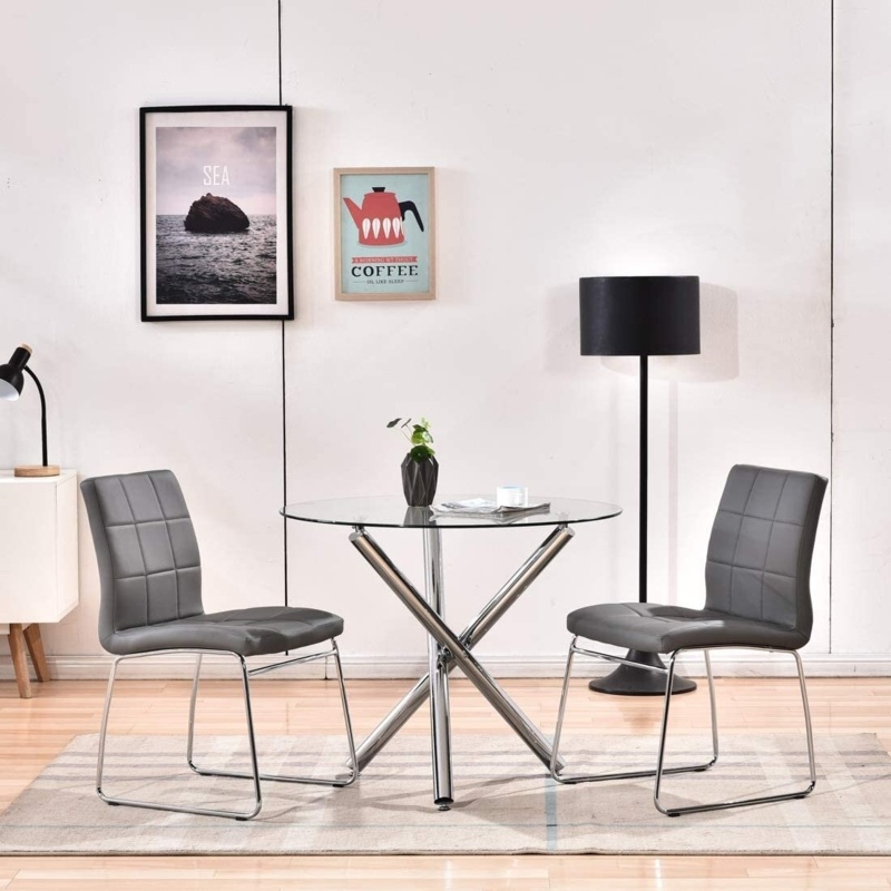 Modern Dining Table Chairs Set,Round Table With Clear Tempered Glass Top+2 Black Faux Leather Dining Chairs Set For 2 Person