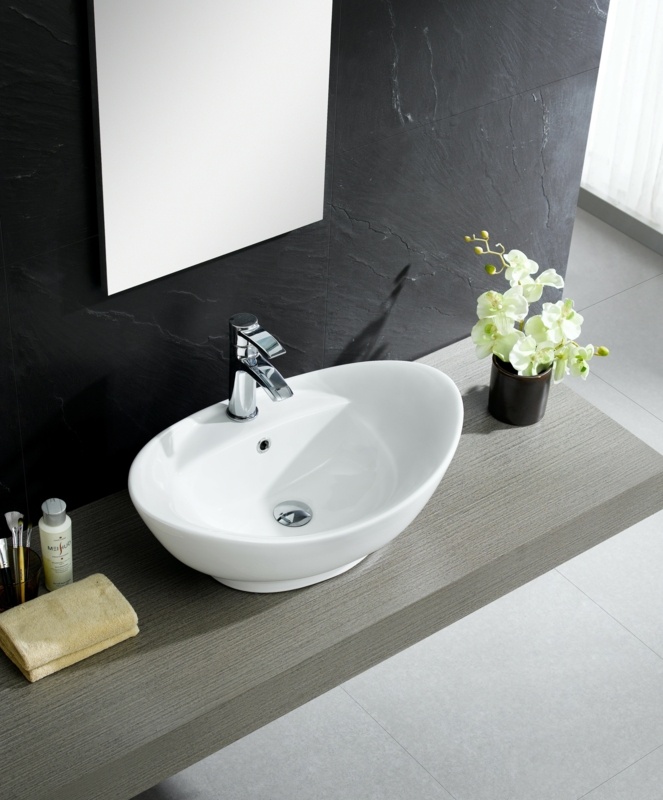 Modern Glossy White Ceramic Oval Vessel Bathroom Sink