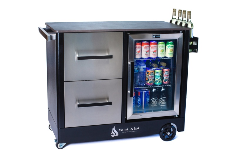 Mont Alpi Outdoor Bar Patio Island Kitchen Mobile Bar Prep Cart Station + Compact Refrigerator