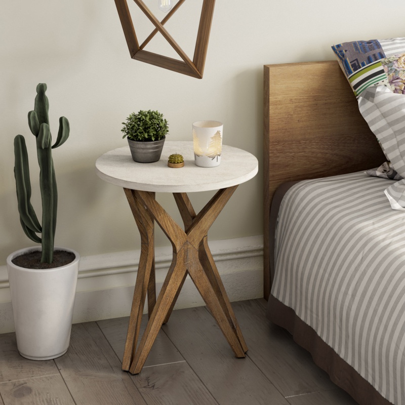 Moty Crossed Legs Round End Table, Distressed White Top with Tripod Base for Modern Farmhouse, Boho