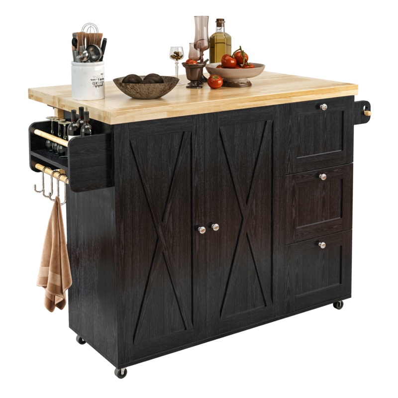 Nacimo Rolling Kitchen Island Cart With Rubberwood Drop-Leaf Countertop
