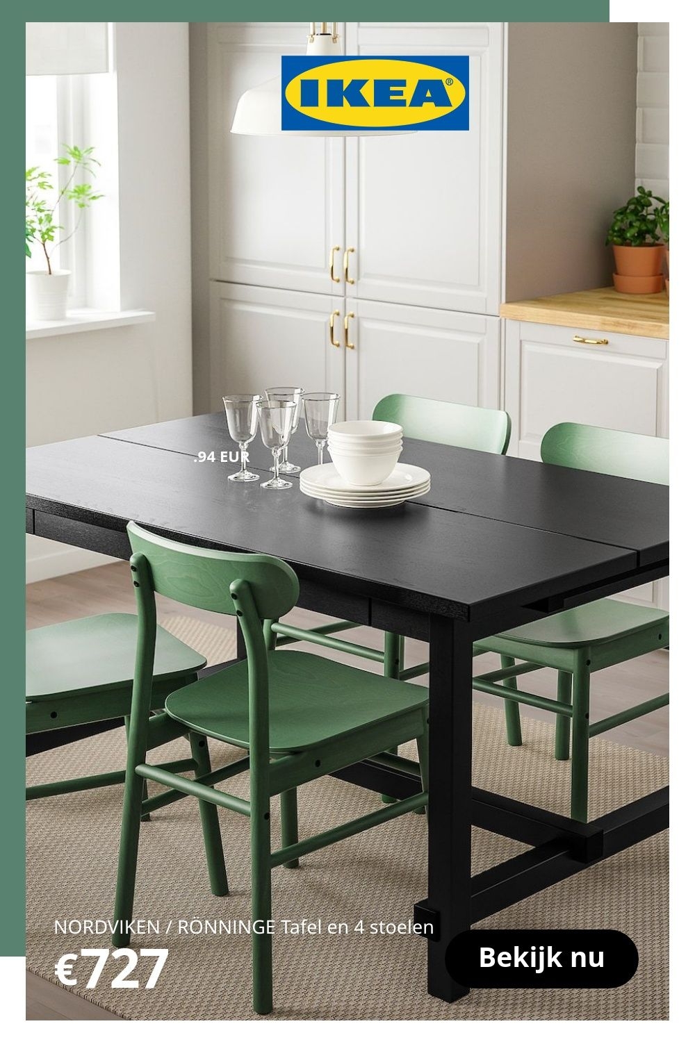 NORDVIKEN / RNNINGE Tafel en 4 stoelen, zwart/groen