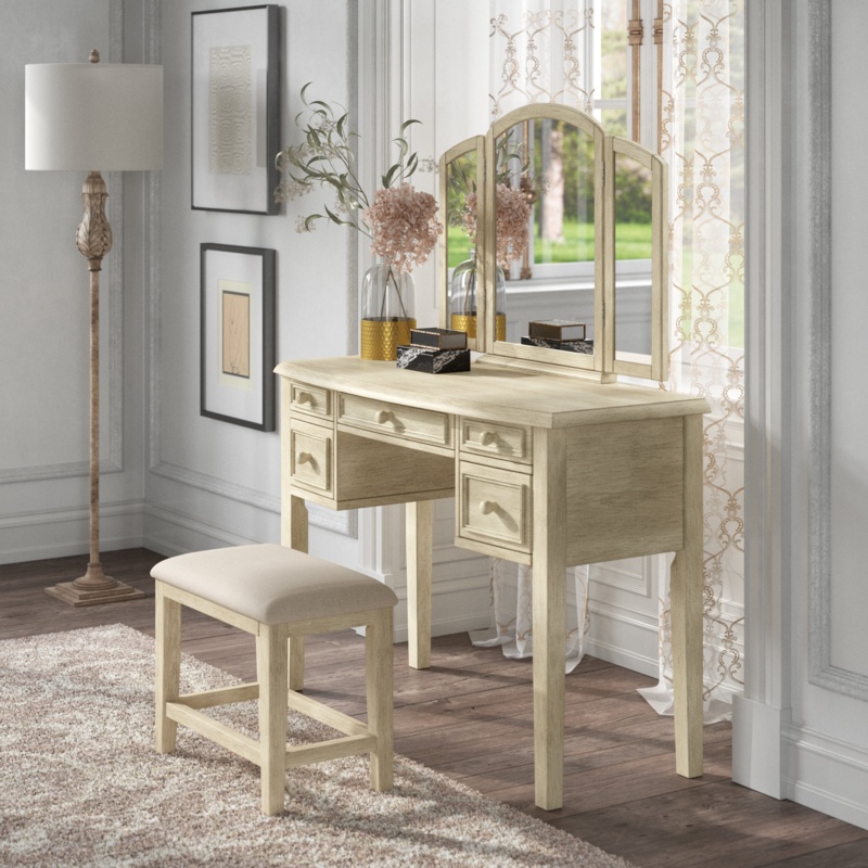 Octavia Five Drawer Tri-Fold Mirror Wood Vanity With Stool
