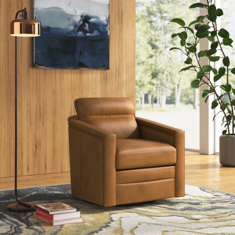 Olivar 28.74'' Wide Genuine Leather Swivel Barrel Chair