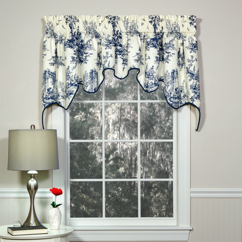 Ossian Toile Cotton Scalloped 100" Window Valance in Dark Blue