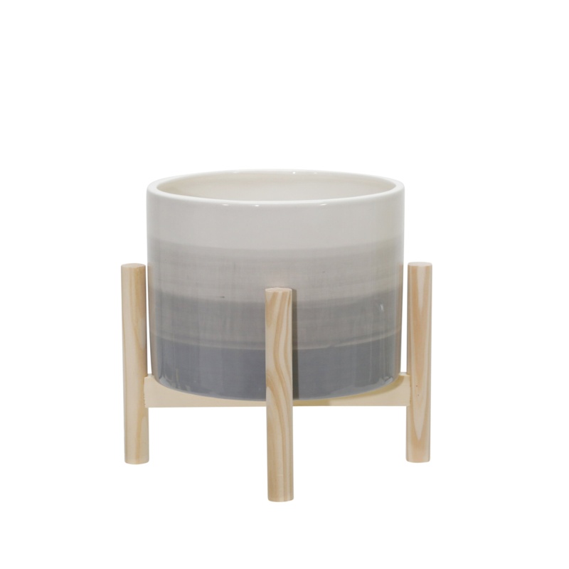 Planter on Stand - Ceramic Planter on Wooden Stand - Contemporary Ivory/Beige Gradient Design - Indoor or Outdoor Plant Stand Décor