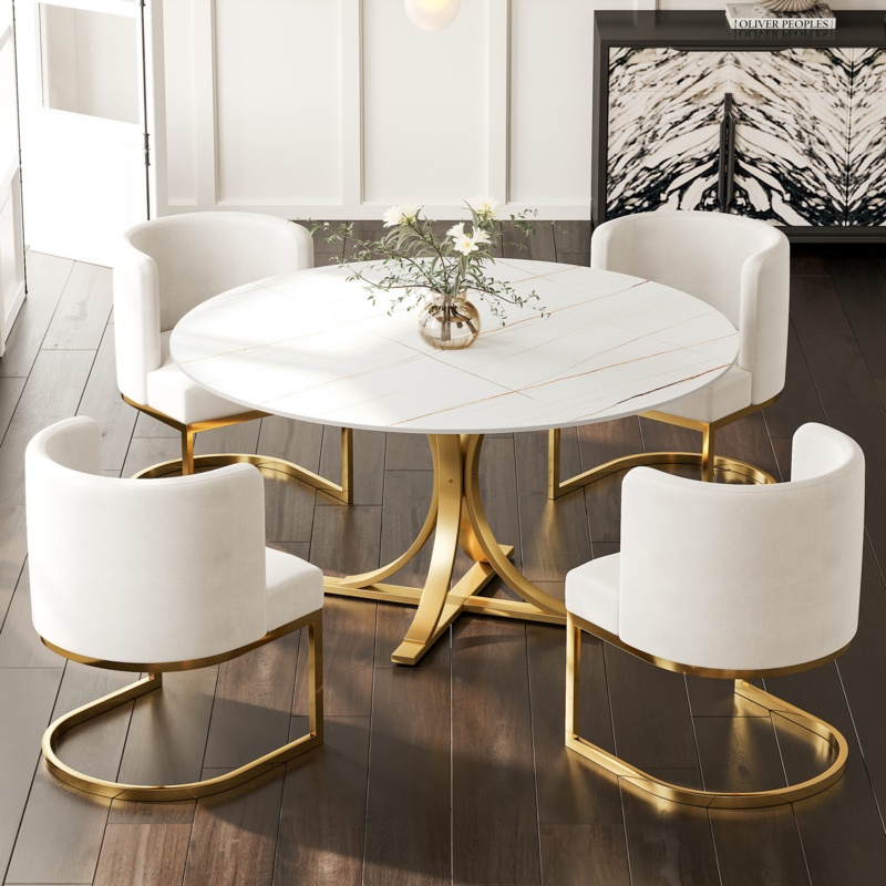 Pruter 59'' Round Dining Table with Stone Top & Stainless Steel Golden Legs