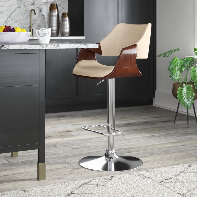Riggle Adjustable Swivel Faux Leather and Wood Counter Stool Bar Stool with Metal Pedestal Base