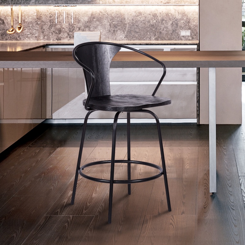 Rigsby Swivel Industrial Counter and Bar Height Barstool with Arms in Poplar Wood and Steel Frame