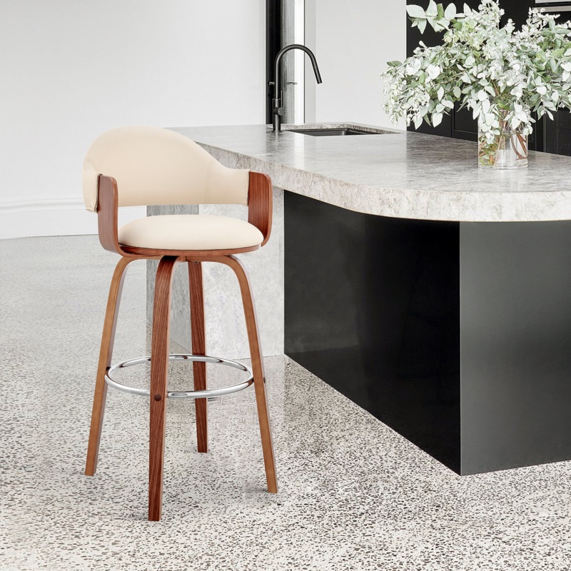 Romarin Swivel Faux Leather Counter & Bar Stool with Wood Arms & Legs and Metal Footrest