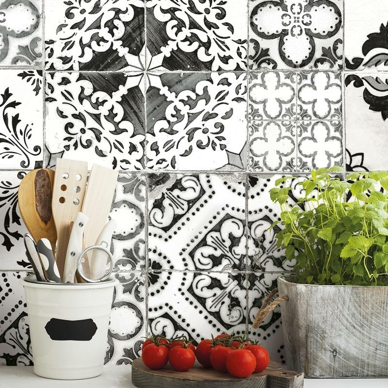 RoomMates Mediterranean Tile Peel & Stick Wallpaper, Black