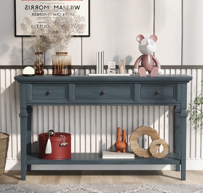 Ryson Rustic Style Console Table: Vintage-Inspired Sofa Table with Three Top Drawers and Open Bottom Frame