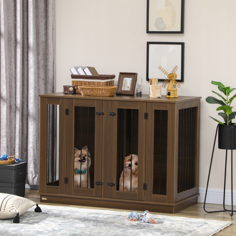 Silvester 2-In-1 Size-Changing Large/Small Dog Kennel End Table With Removable Wall, Dog Crate Furniture With Shelving, Pet Crate With Two Rooms Design, Front Doors, 47.25" X 23.5" X 34.75"