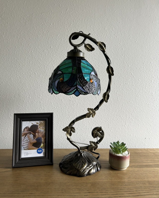 Simonetti Tiffany Table Lamp Green Brown Stained Glass Iron Metal Leaves Bronze Base H21"