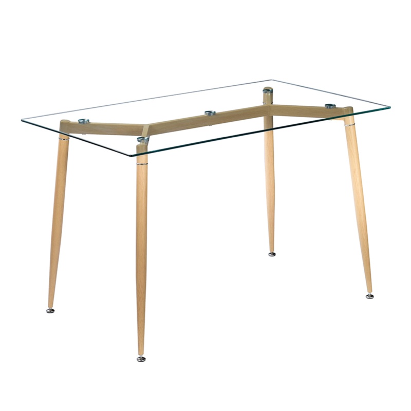 Simple Wood Grain Table Leg & Transparent Tempered Glass Dinner Table