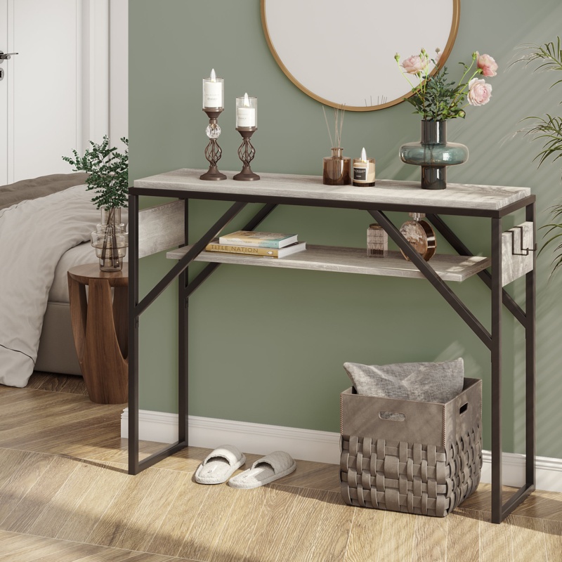 Skinny Narrow Console Table 40" Behind Couch Table Small Console Table For Entryway Gray Sofa Table Living Room Foyer Table With 2 Hooks Open Storage, Retro Gray